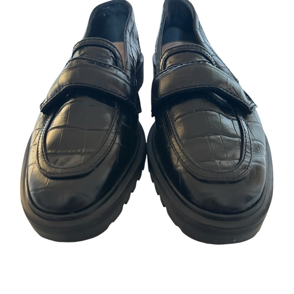 SCHUTZ Black Croc-Embossed Leather Penny Loafers - Picture 4 of 11